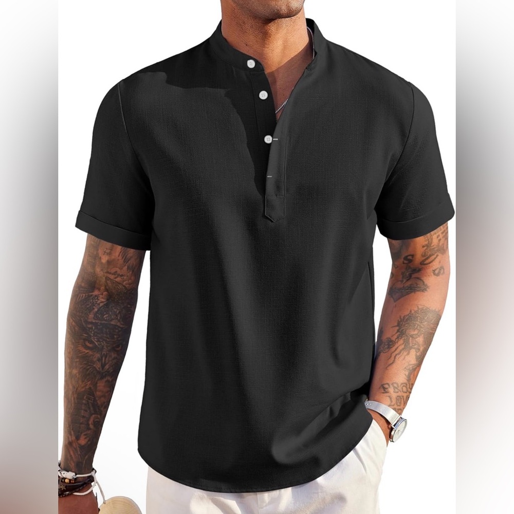 COOFANDY Linen Henley Short Sleeve Casual Top